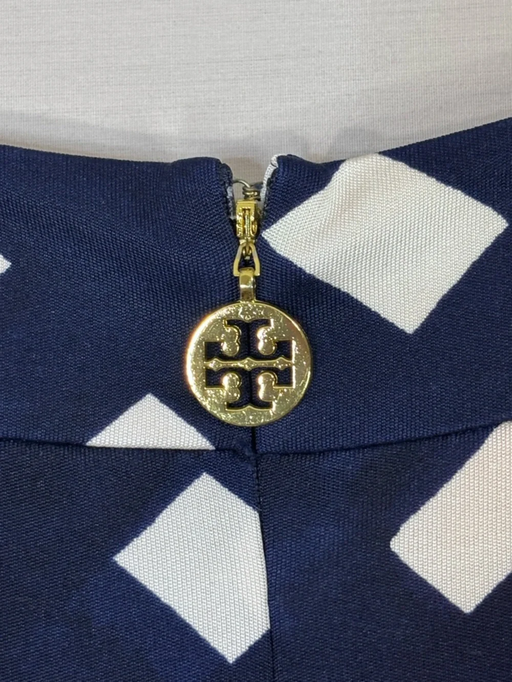 Tory Burch Silk Mini Dress Blue White Print Logo Zip 3/4 Sleeve Small